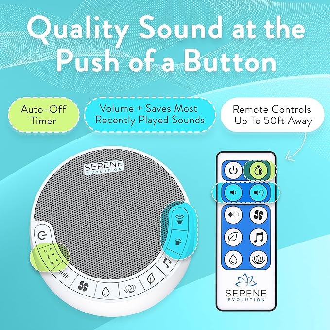Serene Evolution White Noise Sound Machine with Remote Control - 70 Sound Options for Sleeping Adults and Babies - White Noise Machine for Office Privacy, Noise Canceling with Ocean and Rain Sounds - Bloomnest
