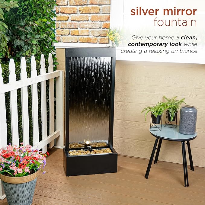 Alpine Corporation - Mirror Waterfall Fountain with Stones & Lights - Zen Indoor/Outdoor Decor for Office, Living Room, Patio, Entryway - 48 Inches (Silver) - Bloomnest