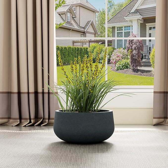 Kante 15.7" Dia Round Concrete Planter, Cement Plant Pots with Drainage Hole and Rubber Plug for Outdoor Indoor Garden Home, Modern Curvaceous Design, Dark Gray - Bloomnest