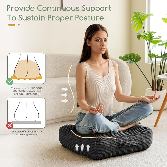6" Washable Floor Pillow Cushion for Adults, Meditation Cushion Pillow, Large Square Floor Sitting, Removable Tufted Corduroy Cover, for Tatami Living Room or Yoga, 22x22 Inch, Machine Washable - Bloomnest