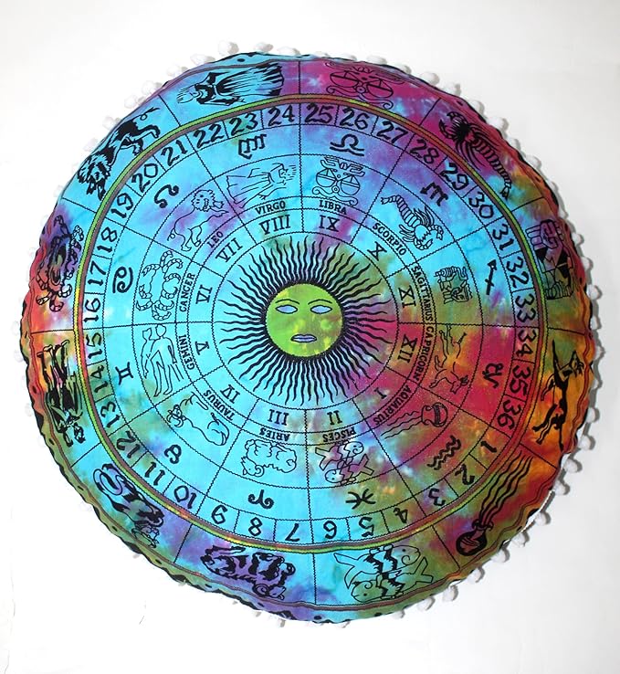 CRAFT KALA Boho Large Floor Pillow Pouf Cover Mandala Meditation Room Pillow Cover for Adults Round Bohemian Seating Pouf Cushion Cover for Kids Playroom 22" Multi Zodiac - Bloomnest