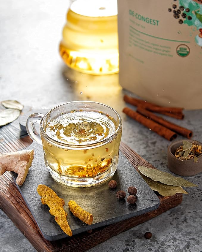 Gardenika Organic Decongest Loose Leaf Tea, Herbal, Caffeine-Free, KSA Kosher, Ayurvedic Blend with Turmeric, Cinnamon, Liquorice, Ginger Root – 4oz (1 Pack) - Bloomnest