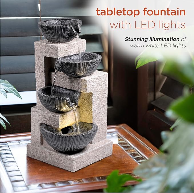 Alpine Corporation WIN1578 14" Cascading Tabletop Bowl Fountain with LED Lights – Elegant Water Fountain for Home, Office, Living Room, Bedroom, and Desk, Gray - Bloomnest