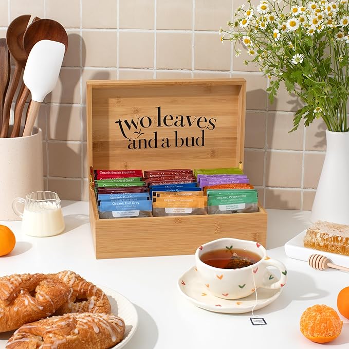 Two Leaves and a Bud Organic Tea Sampler in 6-Slot Bamboo Presentation Box - Filled Gift Box with Tea Assortment of Green, Black, and Herbal Teas - Bloomnest