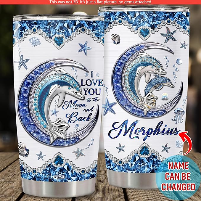 WAZONE Personalized Dolphin Tumbler With Lid Customized Name Jewelry Style Blue Moon Stainless Steel 20oz 30oz Insulated Tea Cup Gift Christmas Birthday for Daughter Women Sister Best Friend - Bloomnest