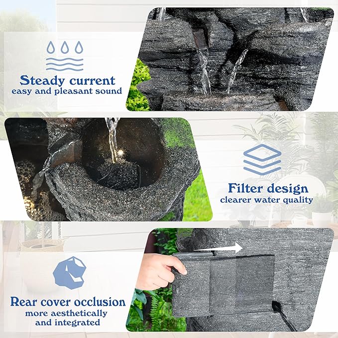 40''H Outdoor Water Fountain - Garden Rock Waterfall Fountains, Outdoor/Indoor Floor Standing Resin Water Fountain with 10 LED Light for Patio, Garden and Backyard, Deck, Porch, Home - Bloomnest