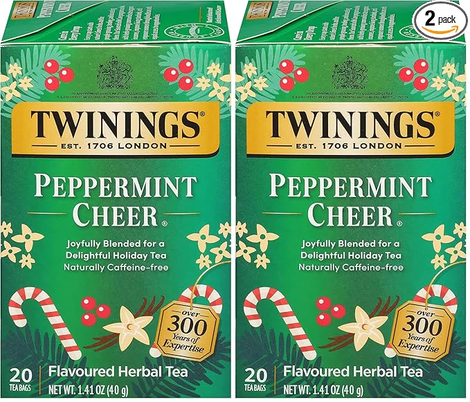Twinings Peppermint Cheer Herbal Tea Individually Wrapped Bags, 20 Count (Pack of 2), Peppermint & Vanilla, Naturally Caffeine-Free, Enjoy Hot or Iced, 20 Teabags - Bloomnest