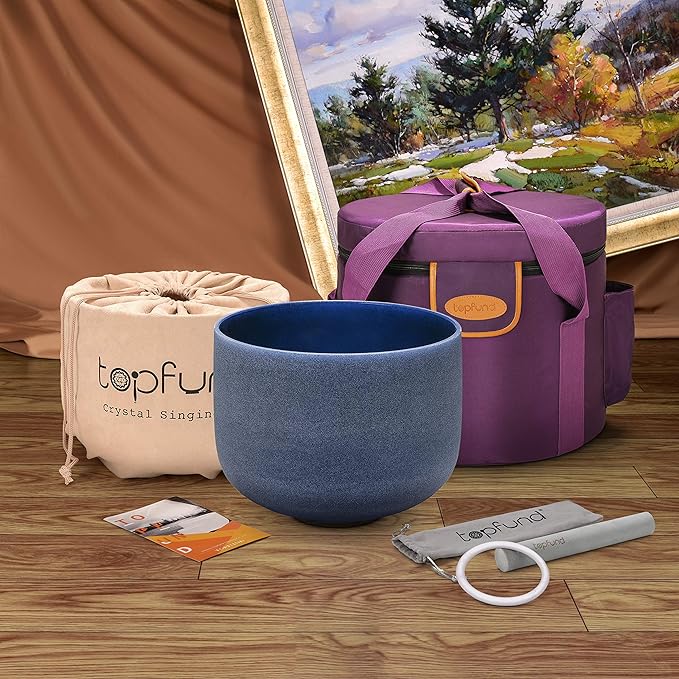 TOPFUND 440 hz Indigo A Note Crystal Singing Bowl Third Eye Chakra 8 inch with Heavy Duty Carrying Case and Suede Mallet