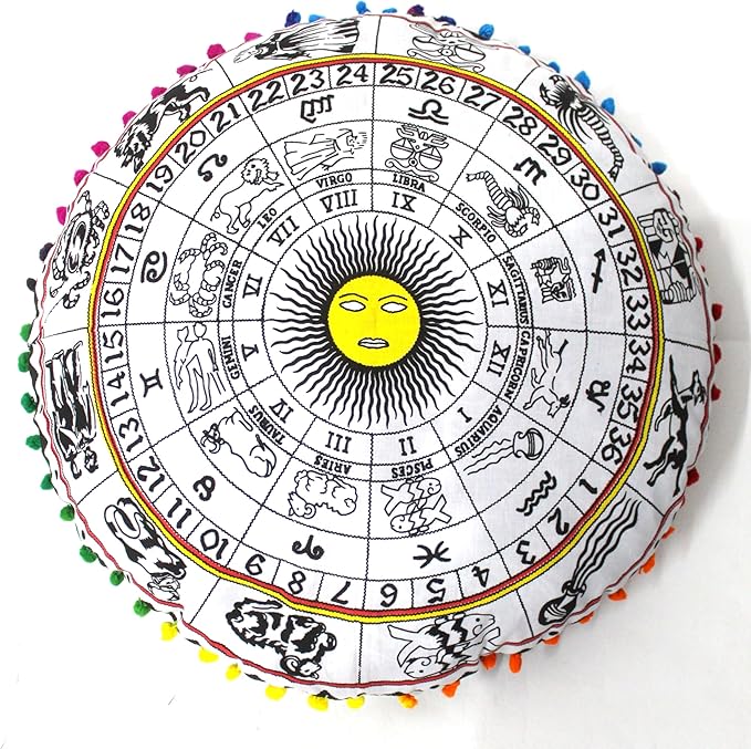 CRAFT KALA Large Round Bohemian Floor Pillow Pouf Cover Mandala Meditation Room Pillow Cover for Adults Boho Seating Poufs Cushion Cover for Kids Playroom 32" Round Yellow and White Zodiac - Bloomnest