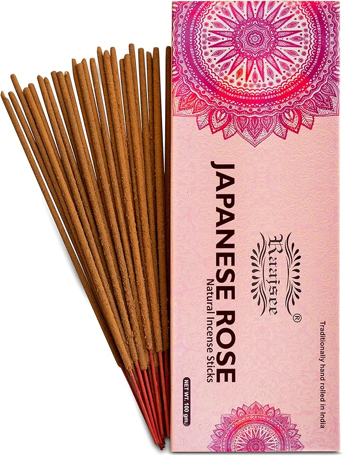 Raajsee Japanese Rose Incense Sticks 100 Gm Pack-100% Pure Organic Natural Hand Rolled Free from Chemicals-for Church,Aromatherapy,Relaxation,Meditation & Sensual Therapy RAAJSEE