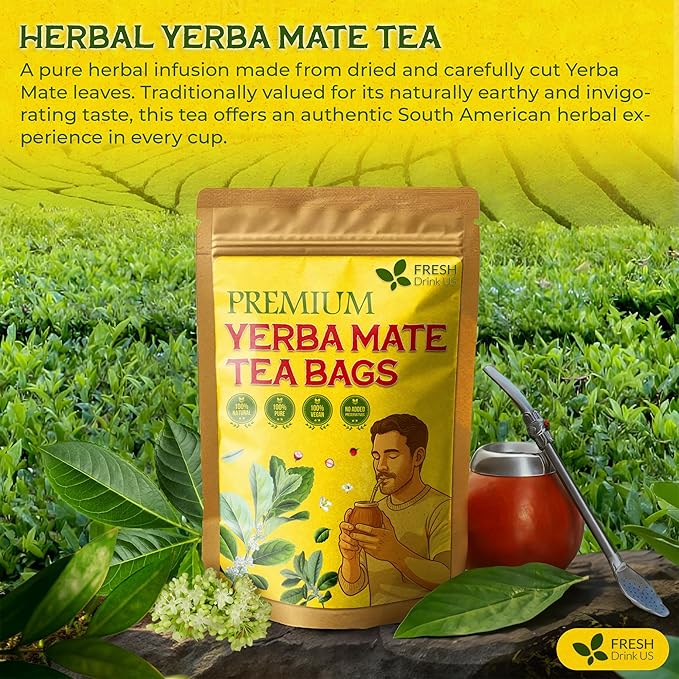 FreshDrinkUS, Yerba Mate Tea Bags | 120 Tea Bags | Traditional South American Herbal Tea – Smooth & Refreshing Flavor – Premium Quality, Sustainably Sourced. Vegan. - Bloomnest