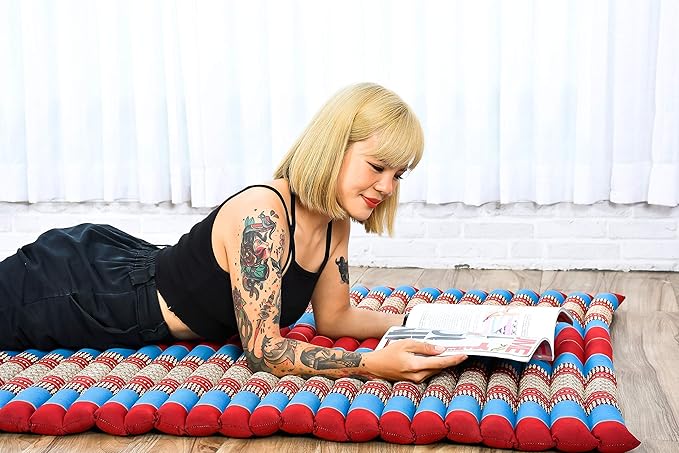 Leewadee - Kapok Roll Mat – Handcrafted Folding Sleep & Relaxation Mattress from Thailand, Ideal as Guest Bed, Camping Mat, Yoga Mat or Traditional Futon, 75 x 39 inches, Blue Red - Bloomnest