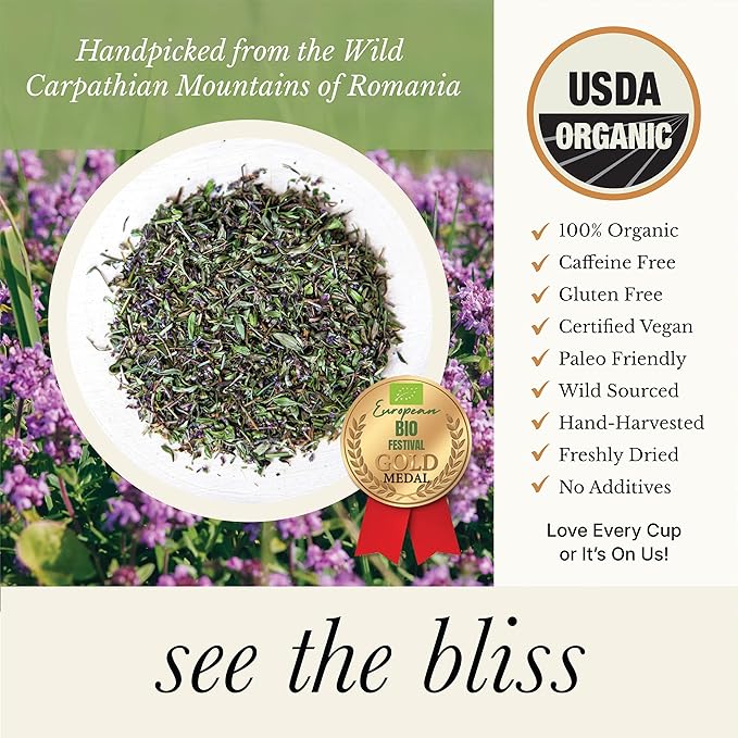 Wild Bliss Organic Wild Breckland Thyme Tea - Caffeine Free Loose Leaf Herbal Tea - Resipratory and Digestion Support - 7.05 Oz - 100 Servings - Bloomnest