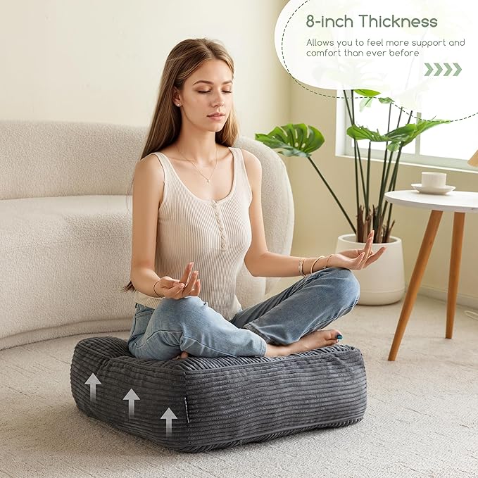 8" Washable Floor Pillow Cushion for Adults, Meditation Cushion Pillow, Large Square Floor Sitting, Removable Tufted Corduroy Cover, for Tatami Living Room or Yoga, 22x22 Inch, 2Pack, Machine Washable - Bloomnest