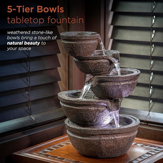 Alpine Corporation WIN1138 13" Indoor Tabletop Tiering Bowls Water Fountain with LED Lights – Cascading Water Feature for Home, Office, Meditation, and Relaxation, Dark Gray - Bloomnest