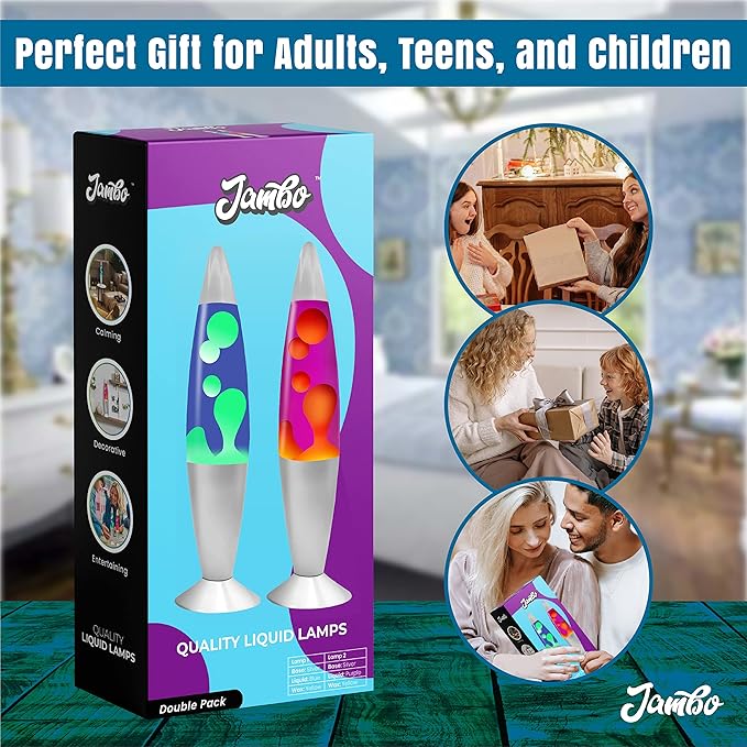 JAMBO 2 Pack- 16" Beautiful Lamp- Blue with Yellow/Green Wax and Purple with Yellow Wax, Relaxing Liquid Lamp, Night Light Nightlight, Lamps for Adults Teens Kid - Bloomnest