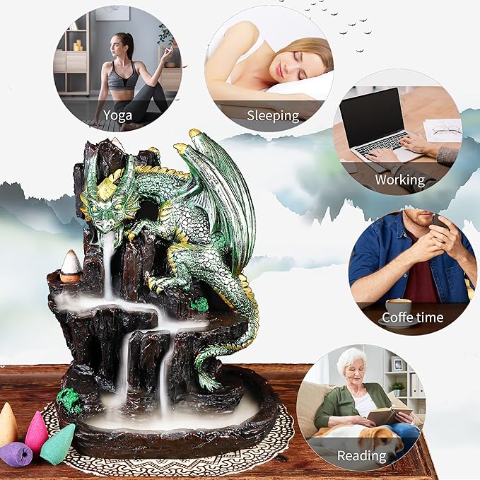 Dragon Backflow 2 Sided Mountain Waterfall Incense Burner,Fountain Smoke Incense Holder with Backflow Incense Cones, Tweezers, Mat，Resin Aromatherapy Meditationvaiuk (Green) - Bloomnest