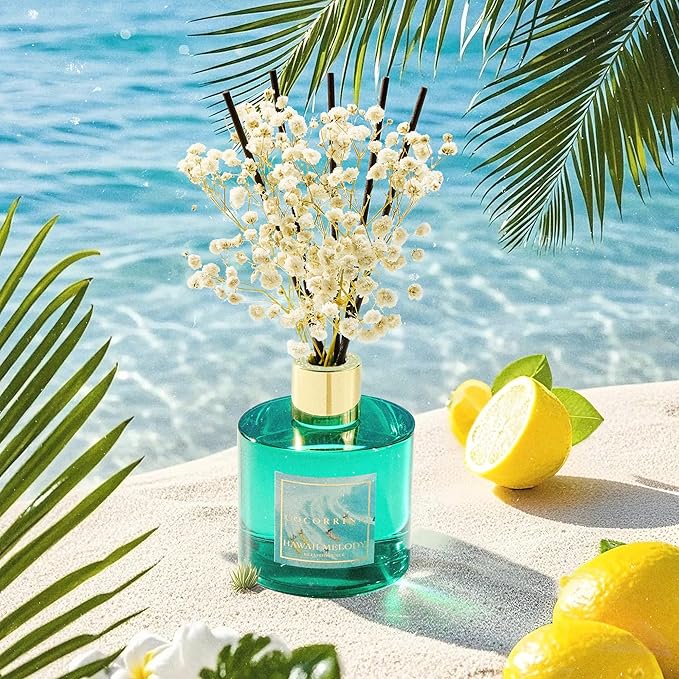COCORRÍNA Reed Diffuser - Hawaii Melody 6.7 Fl.oz Reed Diffuser Set with 8 Sticks & Preserved Baby's Breath, Reed Diffuser for Home Bathroom Shelf Decor - Bloomnest