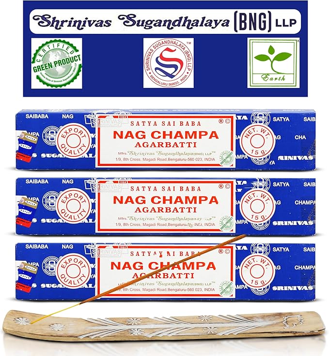 Satya Nagchampa Incense Sticks, Satya Bng (Bangalore) Insenses 15gmx3 Pack (45 GMS) with Raajsee Incence Holder Bundle, Satya Nagchampa Natural Incense - Bloomnest