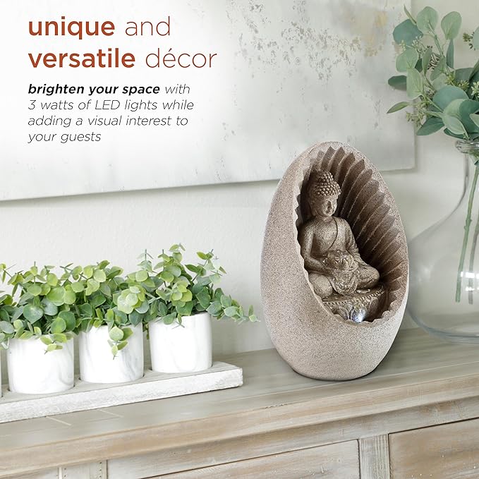 Alpine Corporation WIN322 Indoor/Outdoor Tabletop Buddha Fountain with LED Lights, Soothing Buddha Garden Fountain 11", Beige - Bloomnest