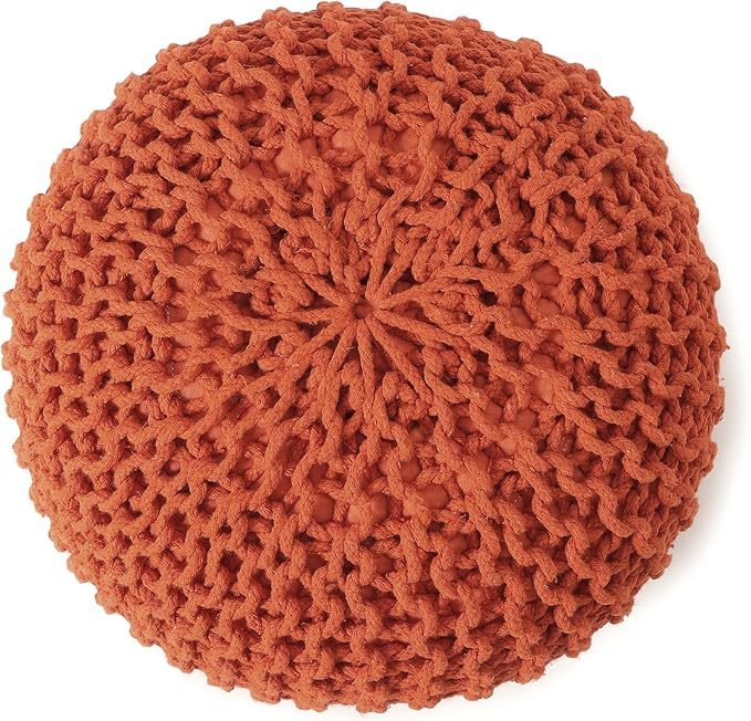 REDEARTH Round Pouf Ottoman - Hand Knitted Cable Boho Poof - Pouffe Circular Footrest for Living Room - Bedroom - Patio - 100% Cotton (19.5"x19.5"x14") - Burnt Orange - Bloomnest