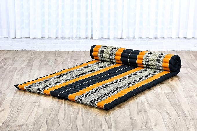 Leewadee - Kapok Roll Mat – Handcrafted Folding Sleep & Relaxation Mattress from Thailand, Ideal as Guest Bed, Camping Mat, Yoga Mat or Traditional Futon, 75 x 39 inches, Black Orange - Bloomnest