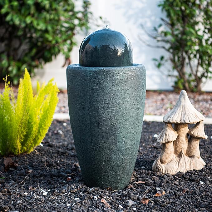 XBrand 25.98" H Round Stone Indoor/Outdoor Modern Stone Textured Sphere Water Fountain w/LED Lights, Dark Green - Bloomnest