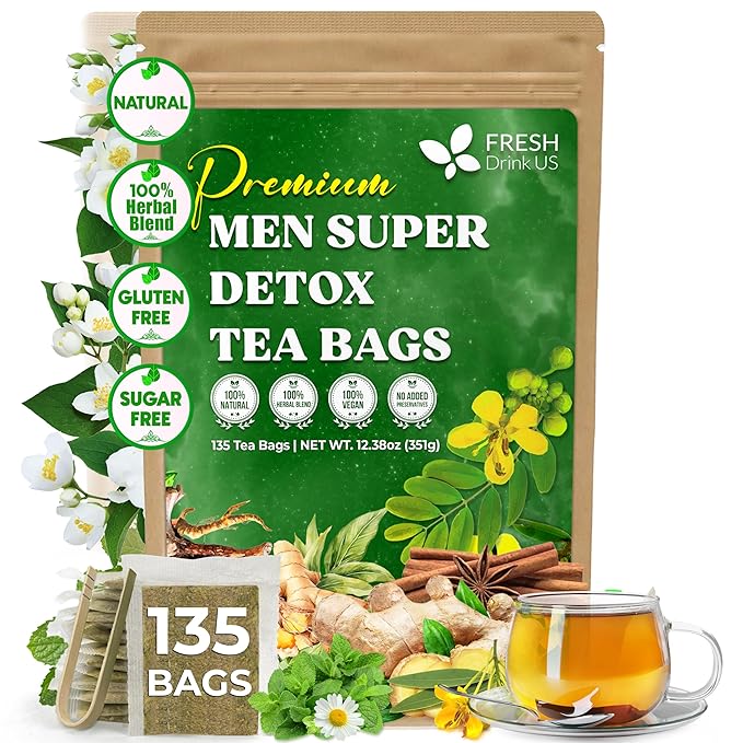 FreshDrinkUS, Premium 135 Tea Bags Men Super Detox Tea – Herbal Blend with Senna, Dandelion Root, Ginger, Peppermint & More – 100% Natural, Sugar-Free. Caffeine-Free. Gluten-Free. Vegan - Bloomnest