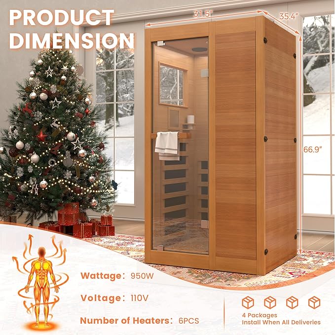 Infrared Sauna,1 Person Red Light Sanua with for Home,950w/110v Full Spectrum Indoor Dry Sauna, Carbon, Heater Panels, Bluetooth Audio, 8-Color Chromotherapy Lights, 35.4"x 31.5"x 66.9" HOMTHING