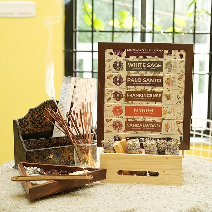 Woody Incense Sticks Variety Pack - 120 Insence-Sticks (6 Incents x 20 Insense) - White Sage Palo Santo Dragons Blood Sandalwood - Natural Inscents-Sticks Non Toxic Cleansing Incienso + Burner Holder - Bloomnest