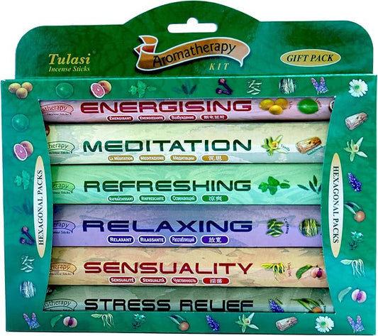 Tulasi Premium Aromatherapy Incense Sticks - Energising, Relaxing, Refreshing, Sensuality, Meditation & Stress Relief Mixed Scents, Hand Rolled with Natural Oils 120 Incense Sticks, 6 in 1 Gift Pack Tulasi