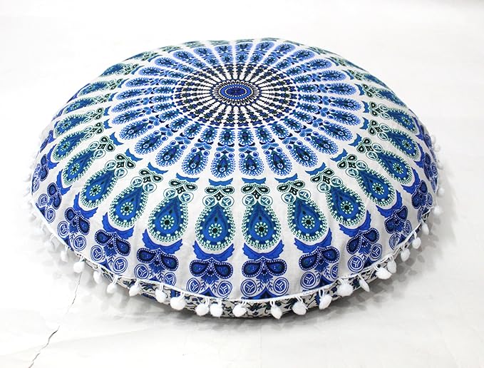 CRAFT KALA Boho Large Floor Pillow Pouf Cover Mandala Meditation Room Pillow Cover for Adults Round Bohemian Seating Pouf Cushion Cover for Kids Playroom 22" Green Sky Peacock - Bloomnest