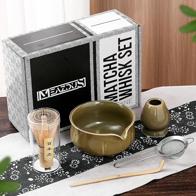 Matcha Whisk Set – 5 Piece Japanese Matcha Tea Set w/Ceramic Matcha Bowl, 100-Prong Bamboo Whisk & Holder, Scoop, & Stainless Sifter – Traditional Matcha Making Kit (Mottled Green) - Bloomnest