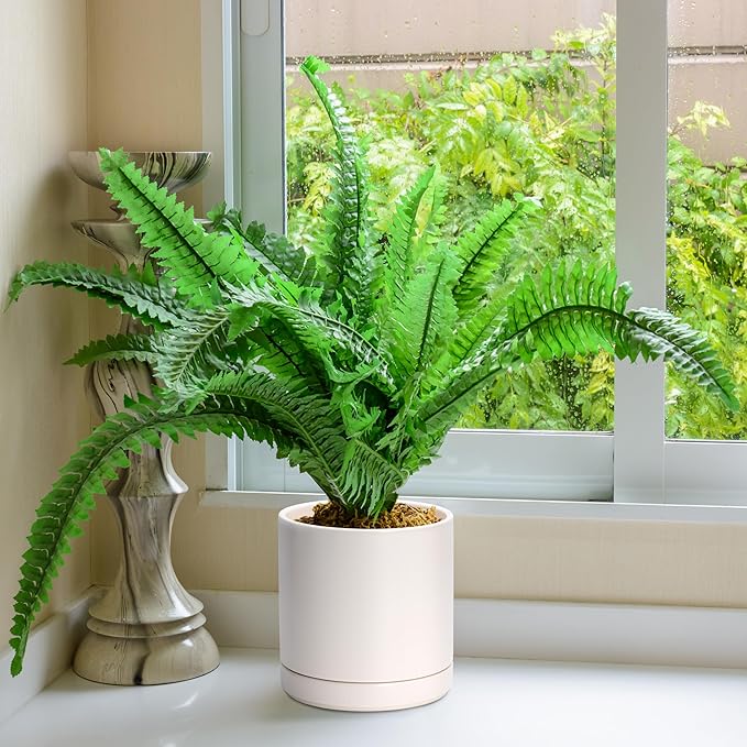 D'vine Dev Set of 2 Plants Pots, 8.2 Inch Ceramic Planter Pot for Plants with Drainage Hole and Saucer, Oatmeal, 94-V-D-8 - Bloomnest