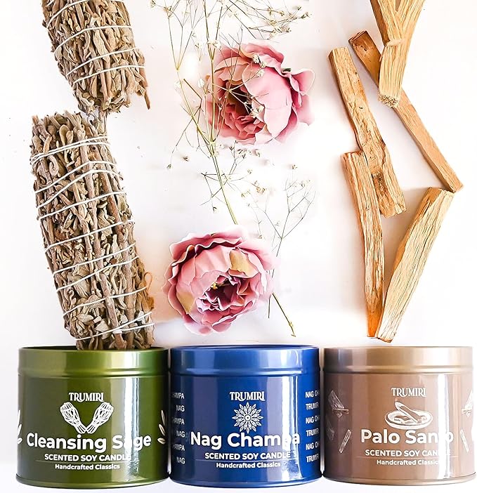Cleansing Sage, Palo Santo, Nag Champa - Soy Candles Non Toxic - Highly Scented Long Lasting with Essential Oils - Variety Pack of 3 x 5oz - for Home Aromatherapy Meditation Gift Travel TRUMIRI