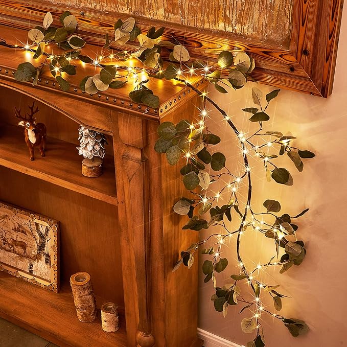 Birchlitland Decorative Garland Lights 6FT 96 LED Fairy Lights, Lighted Eucalyptus Twig Garlands with Timer Battery Operated for Bedroom Stairs Party and Holiday Decor Indoor Outdoor - Bloomnest