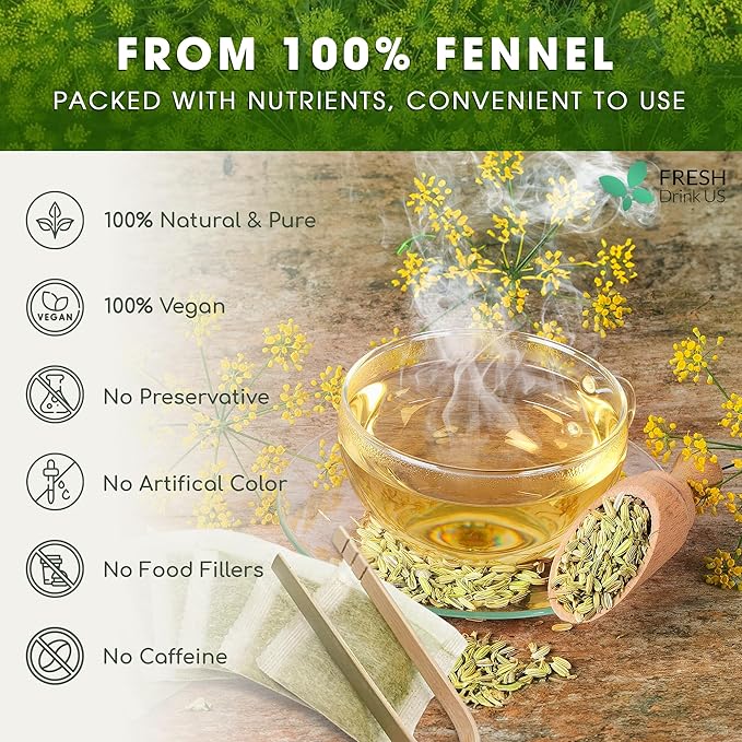 FreshDrinkUS, Premium 75 Fennel Seed Tea Bags – 100% Natural & Pure, Handmade Herbal Tea, Eco-Friendly, Fresh Aroma, Made with Natural Material Tea Bags. No Sugar, No Caffeine, No Gluten, Vegan. - Bloomnest