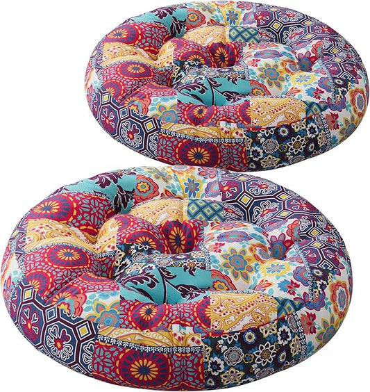 Codi Meditation Floor Pillow Set of 2, Boho Pillows Seating for Adults and Kids, Large Cushion for Yoga Living Room Tatami Sitting, Memory Foam Added, 22x22 Inch, Round Multi Patchwork - Bloomnest