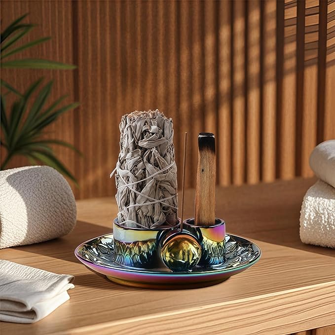 4 in 1 Incense Holder, Ceramic Incense Stick and Palo Santo Holder,Sage Holder for Burning- 5.5" Ceramic Ash Catcher Tray for Meditation and Yoga Room (Colourful) - Bloomnest