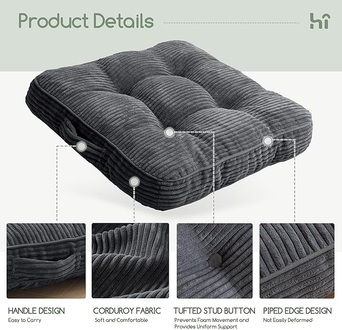 Washable Floor Pillow Cushion for Adults, Meditation Cushion Pillow, Large Square Floor Sitting, Removable Tufted Corduroy Cover, for Tatami Living Room or Yoga, 22x22 Inch, 2Pack, Machine Washable - Bloomnest