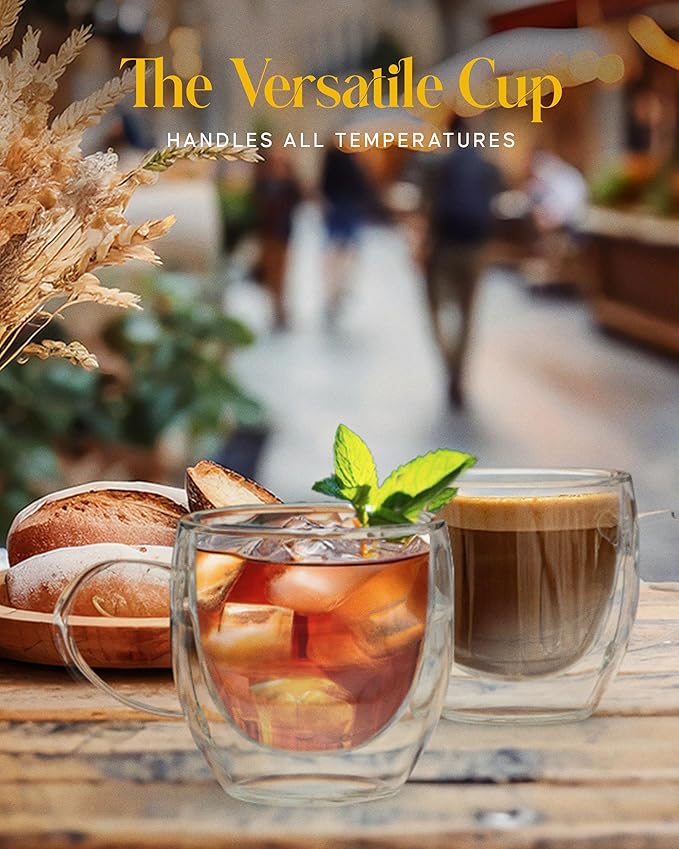 Kitchables Double Walled Glass Coffee Mugs Set of 4, 8oz - Insulated Glass Coffee Mugs for Cappuccino, Latte, Tea, Espresso - Latte Cup - Tazas Para Cafe - Bloomnest