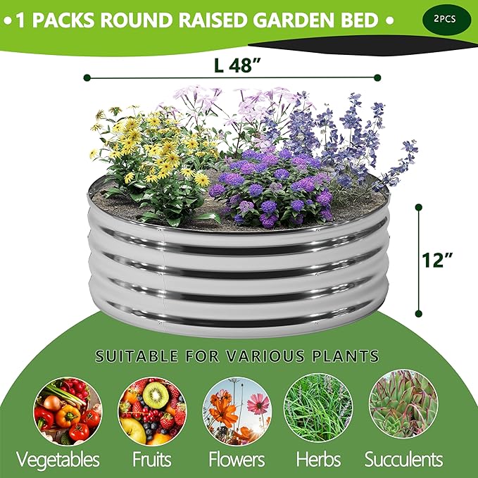 2PCS 4x4x1FT Galvanized Raised Garden Bed Kit,Vegetable Boxes-Round Metal Flower Box,Large Planter Raised Beds Outdoor Garden for Planting,Fruit,Herb-Sliver - Bloomnest