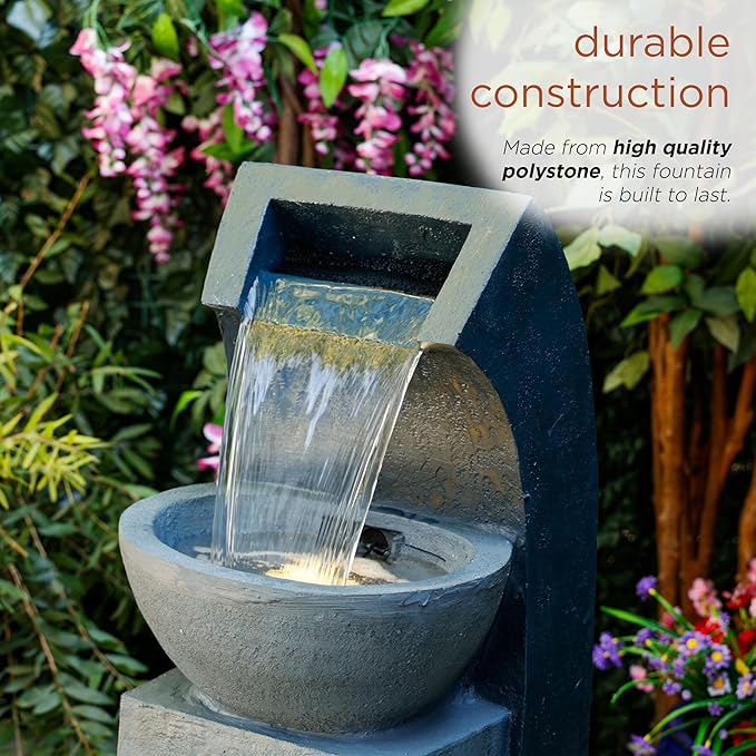Alpine Corporation TZL380 Outdoor Basin Waterfall Floor Fountain with LED Lights for Garden, Patio, Lawn and Backyard Decor, 41" H, Gray - Bloomnest