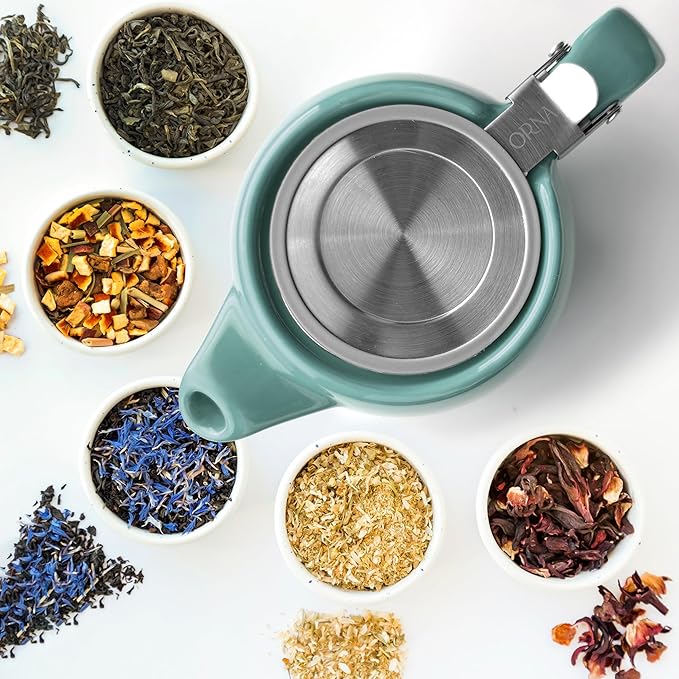 ORNA Ceramic Teapot with Tea Infuser – Small Tea Pot for Loose Leaf Tea – 550ml / 18.6 Oz Non-Stove Porcelain Teapot for 2 Cups with Tea Strainer (Turquoise) - Bloomnest