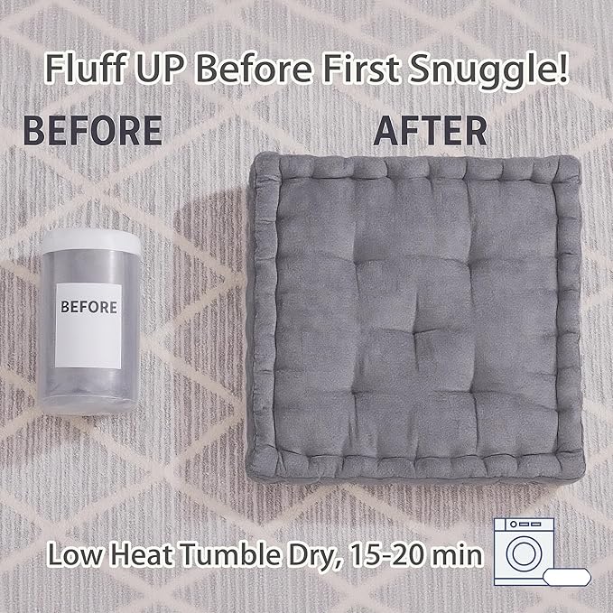 Codi INNA Floor Pillow, Cute Cushions Sitting for Adults - Square Tufted Chenille Pillows Seat for Meditation, Living Room, Reading Nook, Charcoal