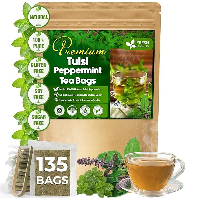 FreshDrinkUS, Premium Tulsi Peppermint Herbal Tea – 135 Tea Bags, 100% Natural, Blend of Tulsi Holy Basil Leaves, and Peppermint Leaves. Made with Natural Material Tea Bags. No Sugar, Vegan. - Bloomnest