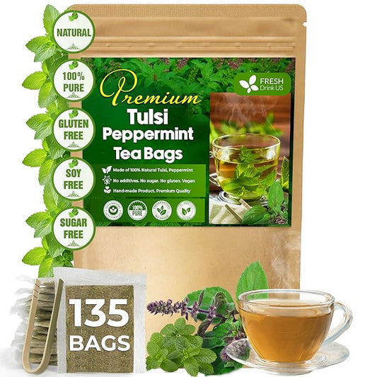 FreshDrinkUS, Premium Tulsi Peppermint Herbal Tea – 135 Tea Bags, 100% Natural, Blend of Tulsi Holy Basil Leaves, and Peppermint Leaves. Made with Natural Material Tea Bags. No Sugar, Vegan. - Bloomnest
