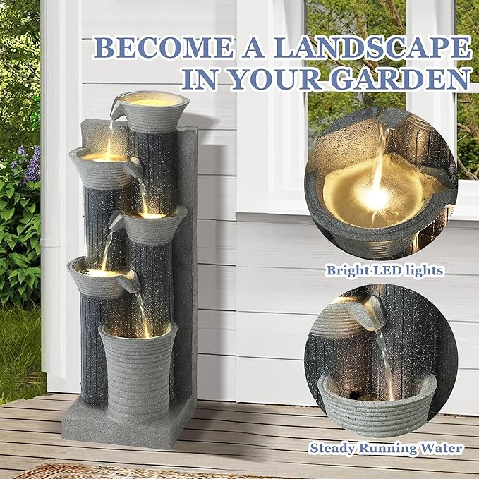 Grepatio Outdoor 5-Tiers Cascading Water Fountain, Garden Waterfalls Fountain with LED Lights, 24" H Modern Indoor Floor Standing Water Fountains with Pump for Patio, Yard, Deck Decor (Greyish Black) - Bloomnest
