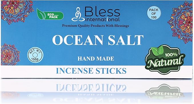 Bless-Ocean-Salt 100%-Natural-Handmade-Hand-Dipped-Incense-Sticks Organic-Chemicals-Charcoal-Free Purification-Relaxation-Positivity-Yoga-Meditation Best-Woods-Scent (100 Sticks(5.25 OZ)) BlessInternational