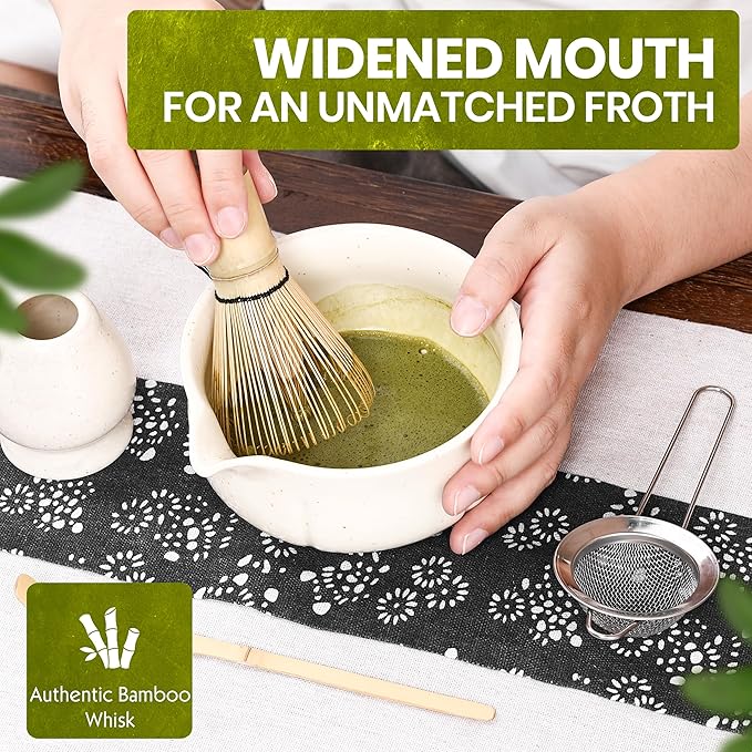 Matcha Whisk Set – 5 Piece Japanese Matcha Tea Set w/Ceramic Matcha Bowl, 100-Prong Bamboo Whisk & Holder, Scoop, & Stainless Sifter – Traditional Matcha Making Kit (Off-White) - Bloomnest